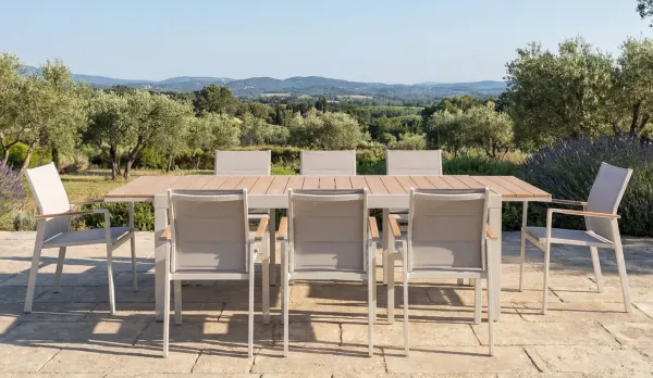 Mesa jardín extensible de varios tamaños hasta 3 metros y fijas en BEIGE (sillas no incluidas)