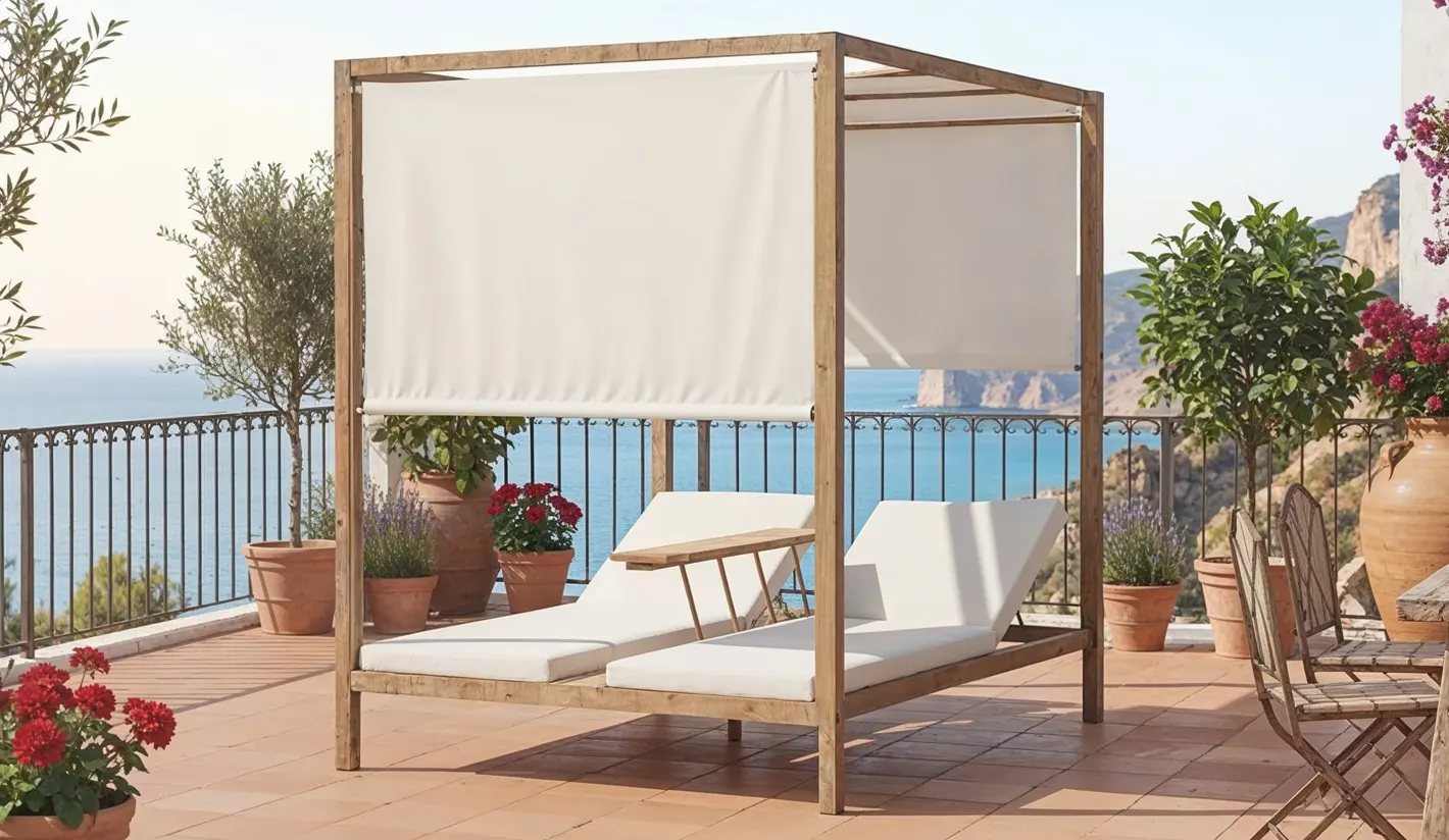 Tumbona doble de aluminio imitación madera y cojineria waterproof