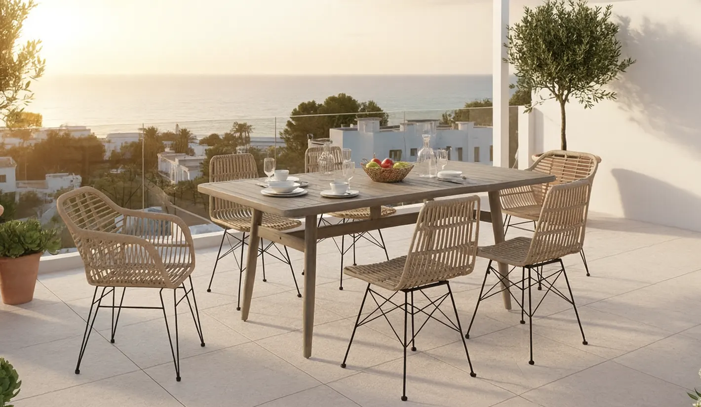 Mesa de acacia para exterior con sillas o sillones