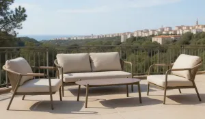 Conjunto exterior de sofás y sillones de cuerda y mesa porcelánica