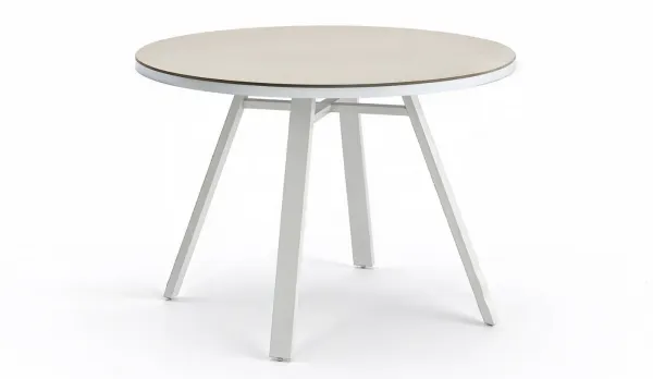 Mesa terraza redonda blanca con sobre cerámico