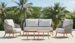 Set de jardín de aluminio color madera con respaldo trenzado de cuerda