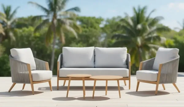 Set de jardín de aluminio color madera con respaldo trenzado de cuerda