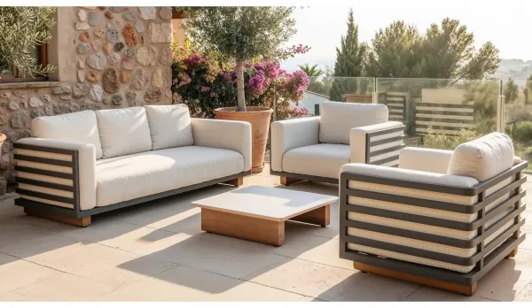 Sofás de aluminio con patas de aluminio imitando madera