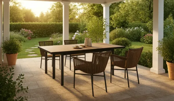 sillas de jardín y mesa con sobre de cristal cerámico
