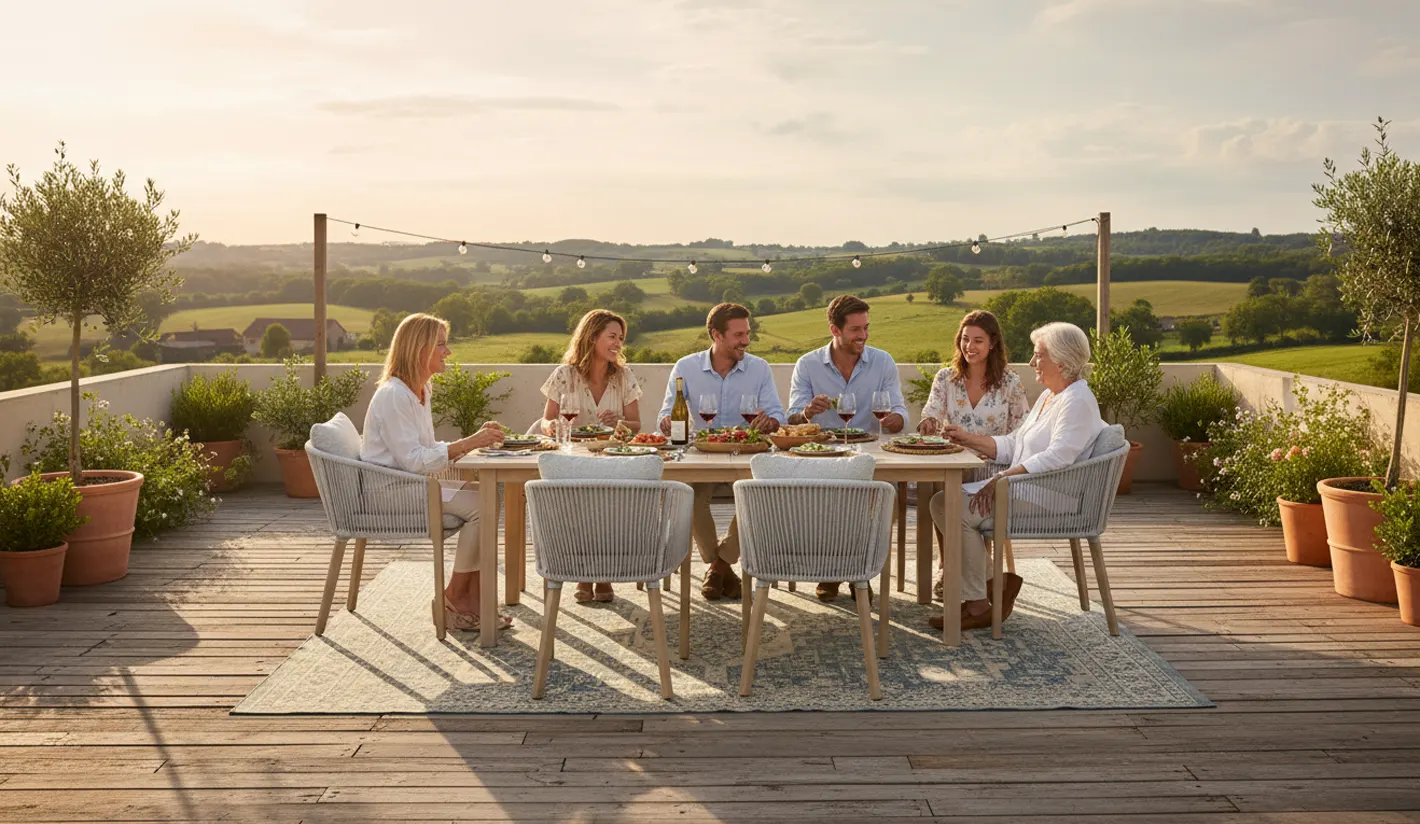 Mesa y sillones de eucalipto para exterior