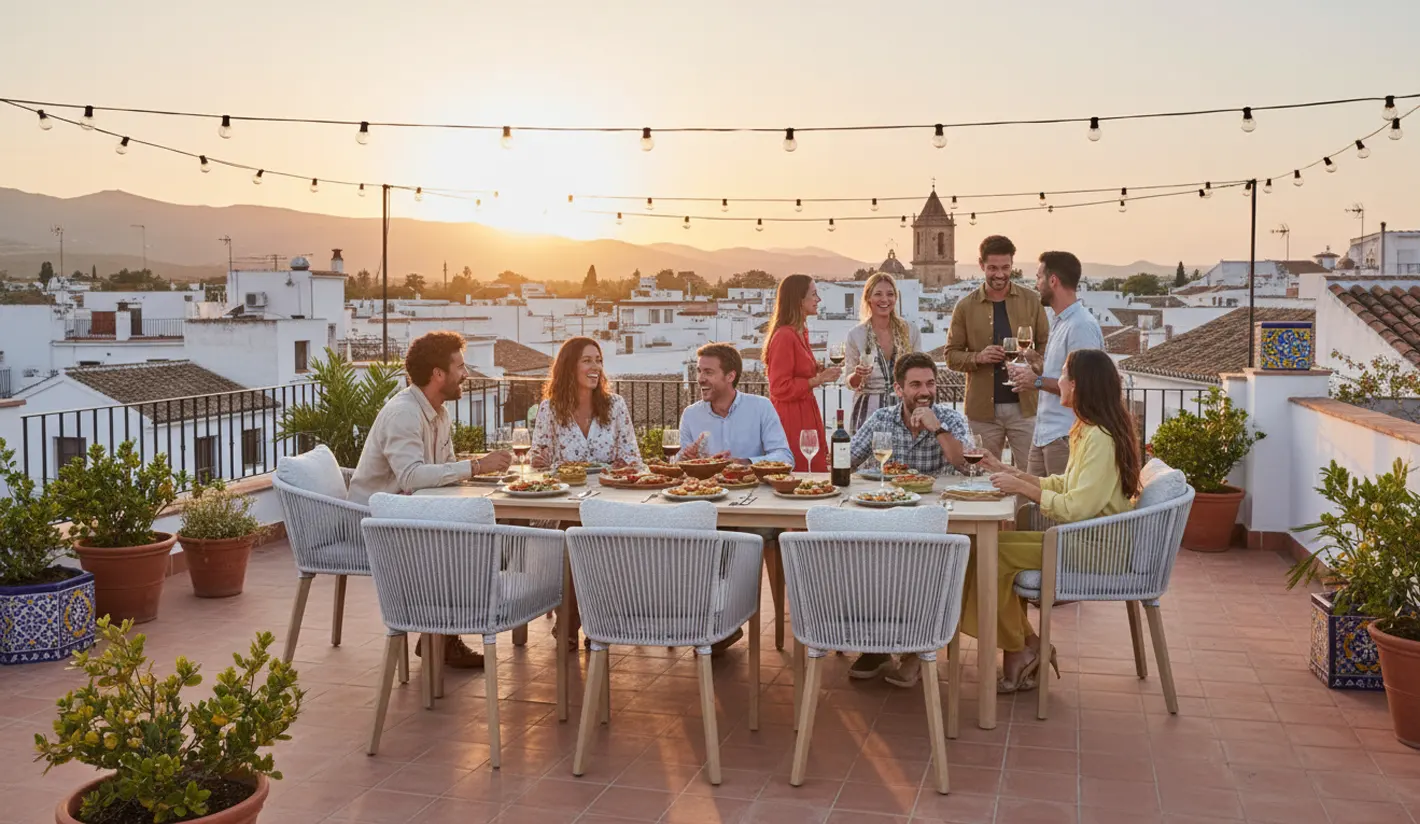 Mesa y sillones de eucalipto para exterior