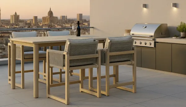Mesa alta de madera de acacia con taburetes