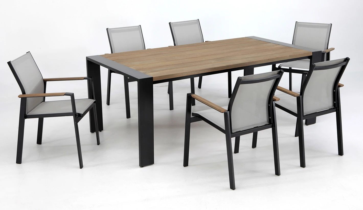Muebles comedor exterior aluminio y madera de eucaliptus