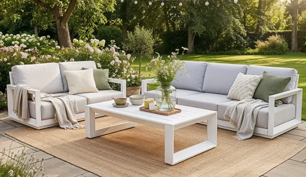 Set de jardín de aluminio blanco con cojines grandes XL