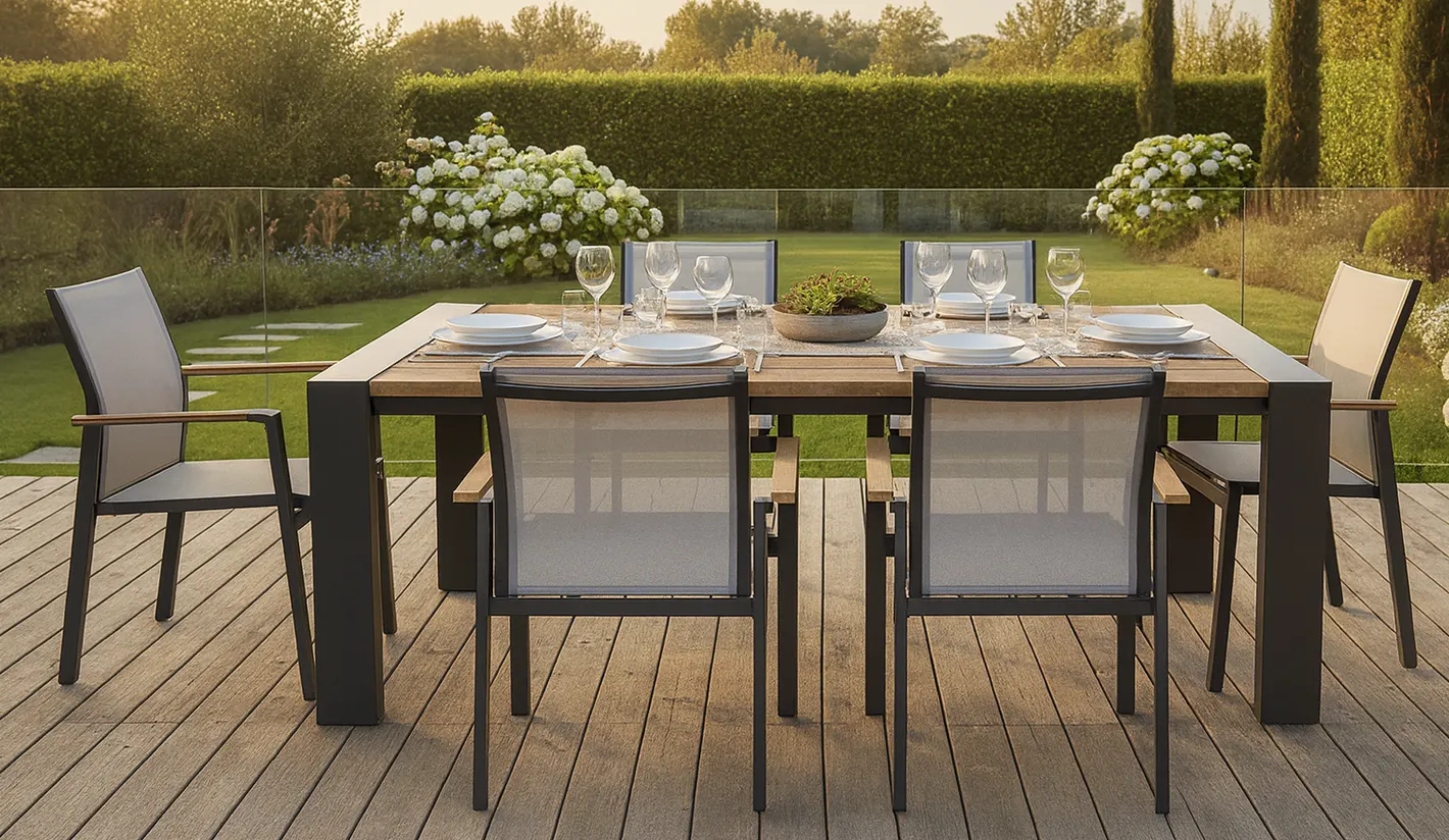 Muebles comedor exterior aluminio y madera de eucaliptus