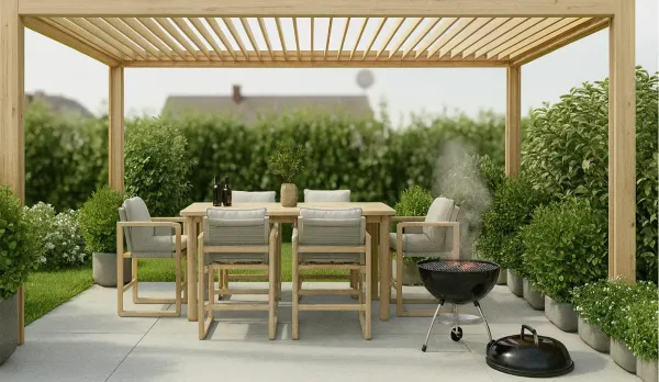 Mesa alta de madera de acacia con taburetes