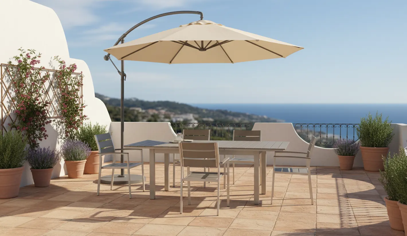 Comedor exterior aluminio con madera sintética