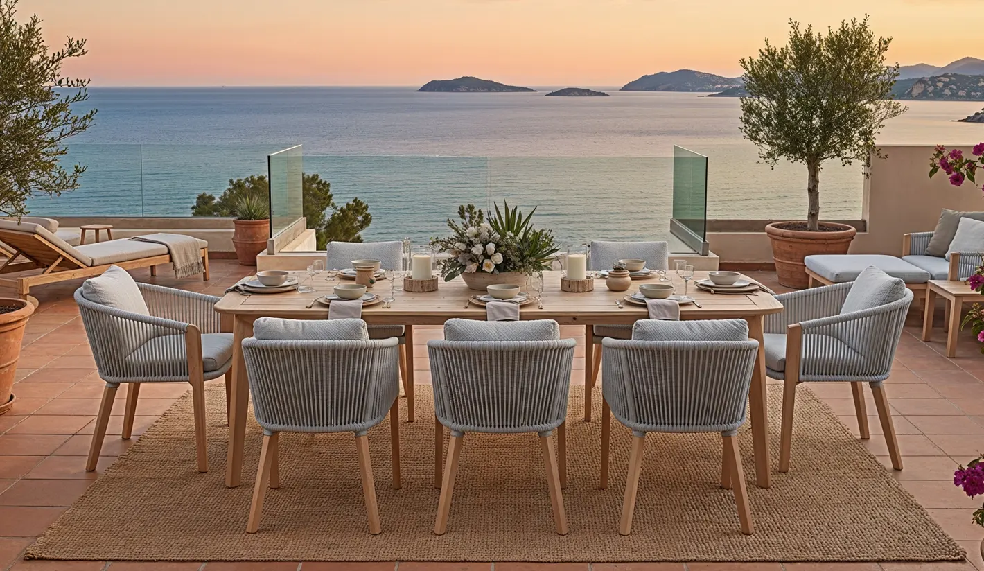 Mesa y sillones de eucalipto para exterior