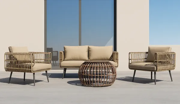 Conjunto jardín sofás de rattan y acero