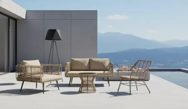 Conjunto jardín sofás de rattan y acero