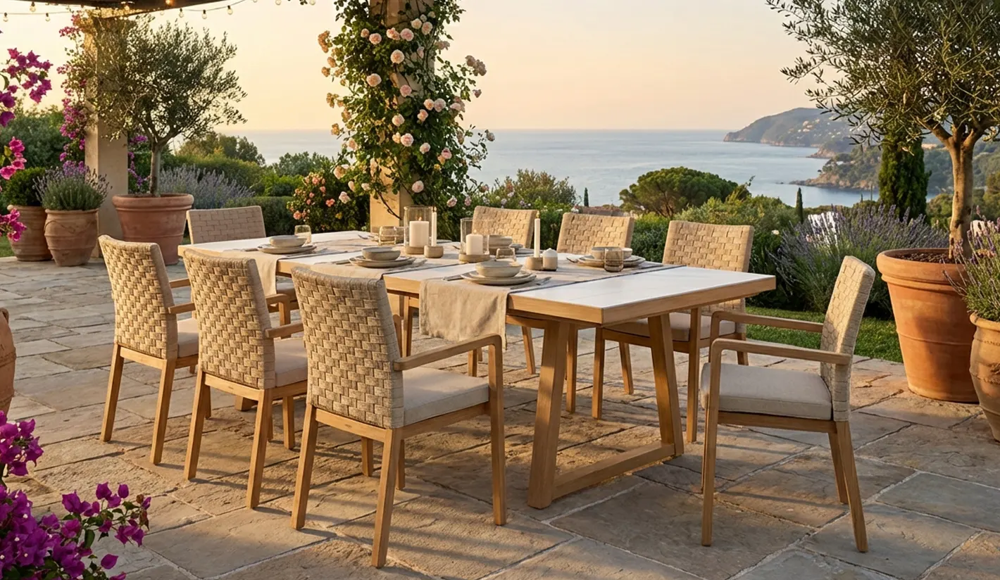 Conjunto comedor jardin mesa extensible de hasta 300 cm.