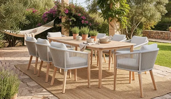 Mesa y sillones de eucalipto para exterior