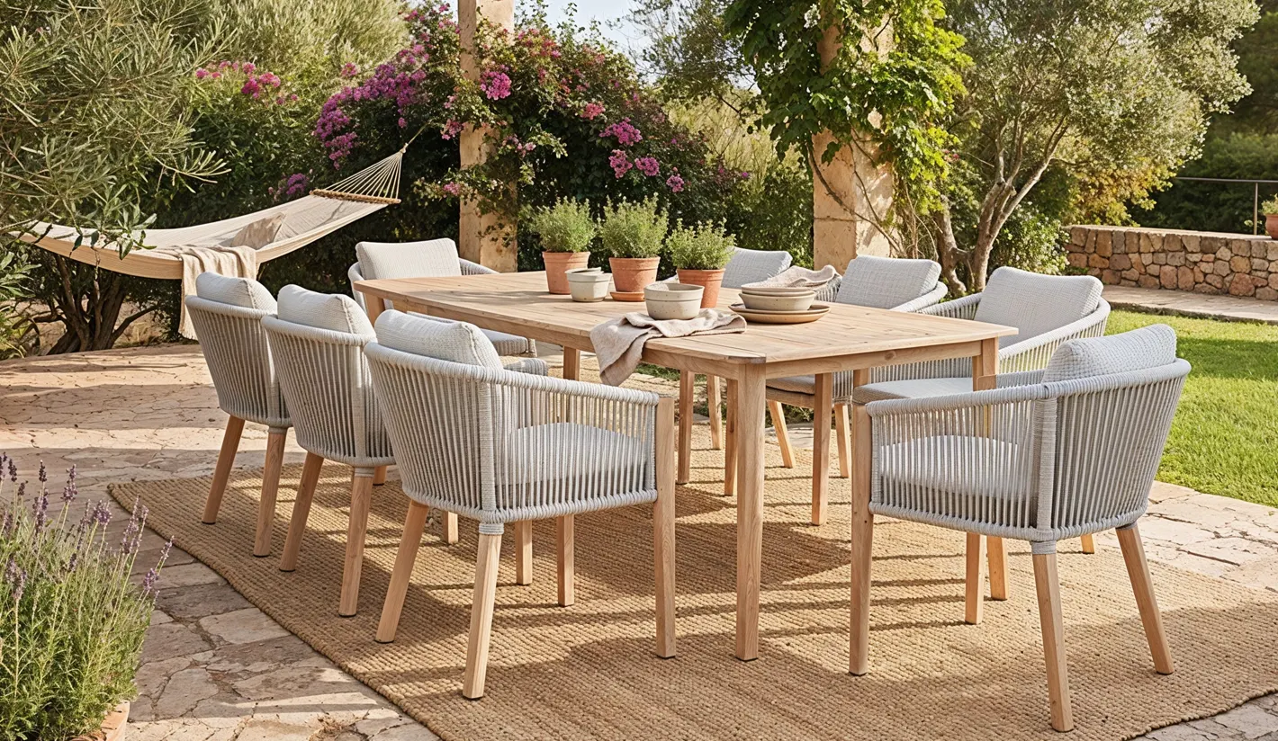 Mesa y sillones de eucalipto para exterior