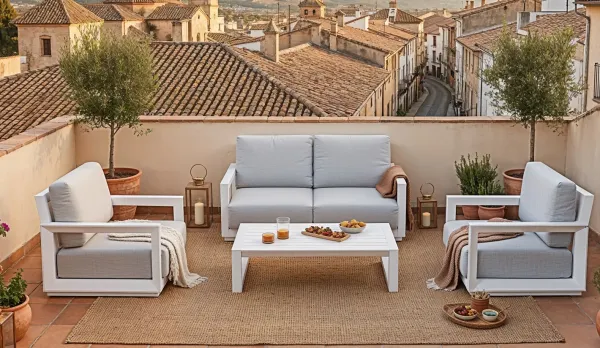Set de jardín de aluminio blanco con cojines grandes XL