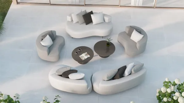 Sofás exterior líneas redondeadas telas impermeables. Diseño y máximo confort para el jardín