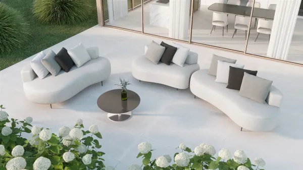 Sofás exterior líneas redondeadas telas impermeables. Diseño y máximo confort para el jardín