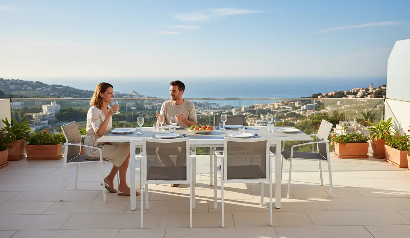 Muebles de jardín, sillas y mesas en aluminio blanco