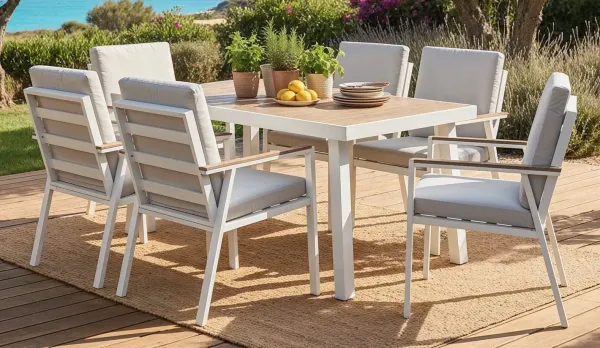 Comedor exterior: mesa con 6 sillones en blanco o antracita