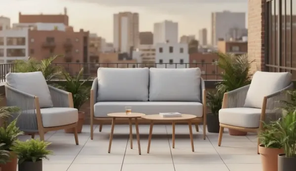 Set de jardín de aluminio color madera con respaldo trenzado de cuerda