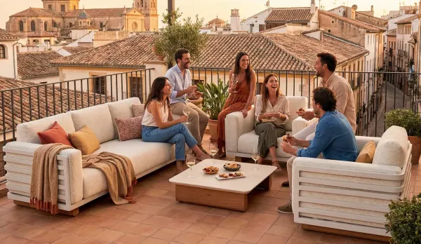 Sofás de aluminio con patas de aluminio imitando madera