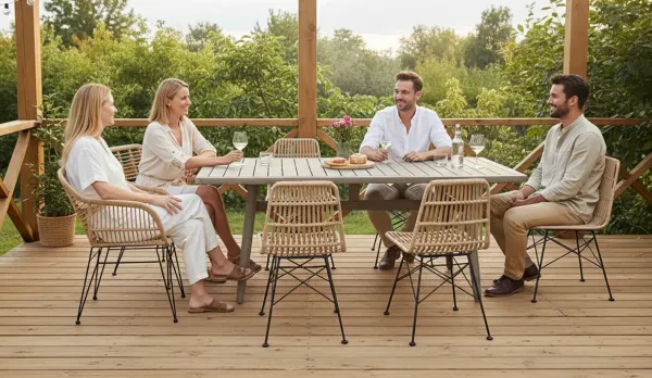 Mesa de acacia para exterior con sillas o sillones