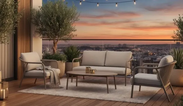 Conjunto exterior de sofás y sillones de cuerda y mesa porcelánica