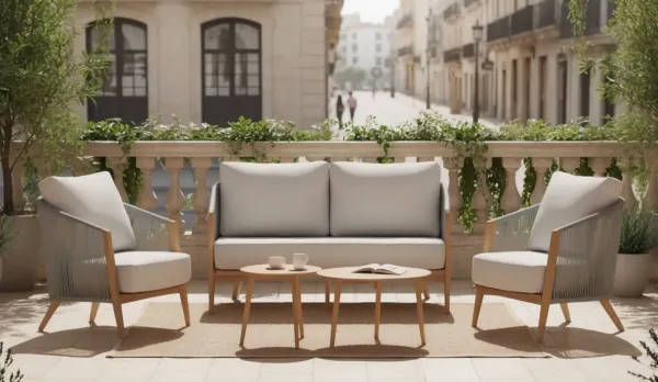 Set de jardín de aluminio color madera con respaldo trenzado de cuerda