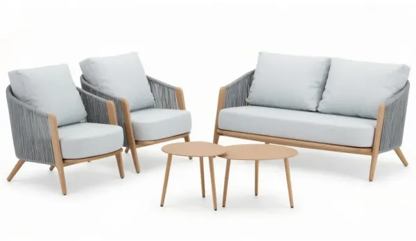 Set de jardín de aluminio color madera con respaldo trenzado de cuerda